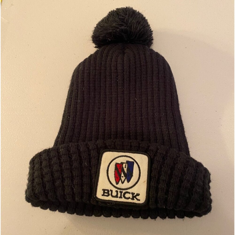Vintage Knit Cap Buick Logo Black Beanie With Pom Pom & Foldable Cuff
